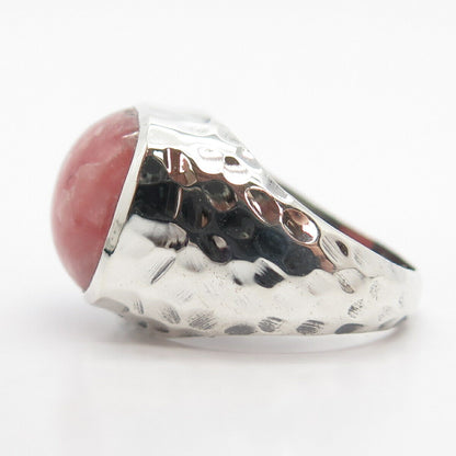 925 Sterling Silver Real Rhodochrosite Gem Hammered Finish Ring Size 8 1/4