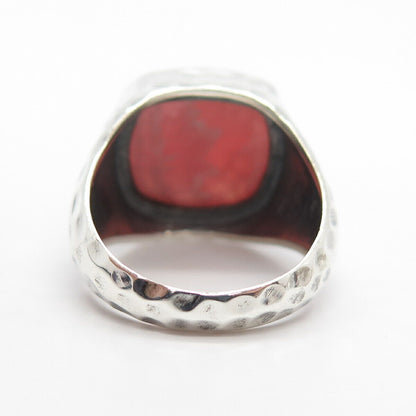 925 Sterling Silver Real Rhodochrosite Gem Hammered Finish Ring Size 8 1/4