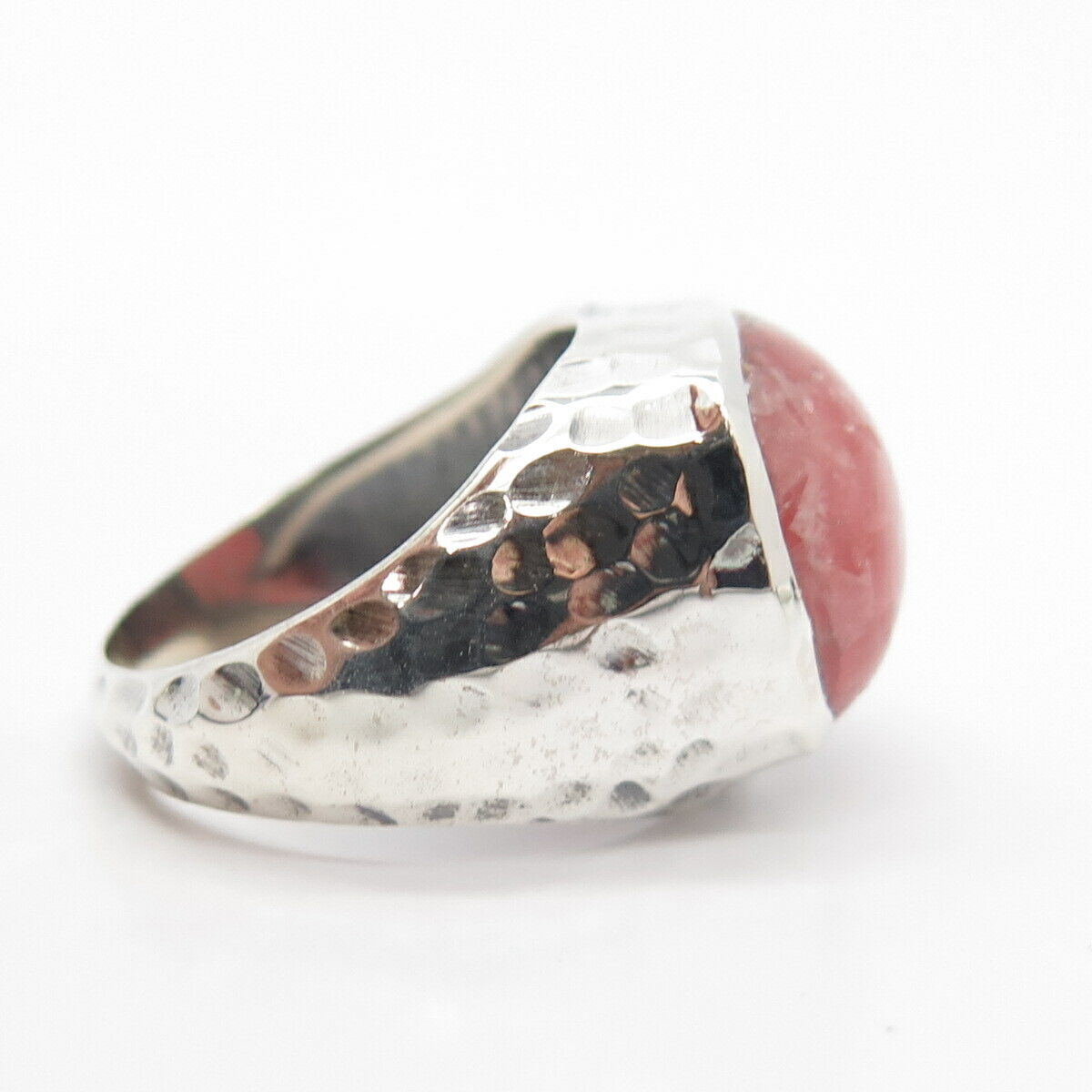 925 Sterling Silver Real Rhodochrosite Gem Hammered Finish Ring Size 8 1/4