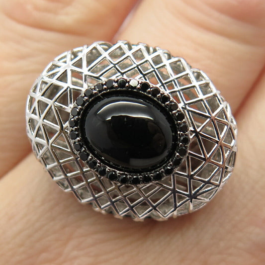 925 Sterling Silver Real Black Onyx & Melanite Gemstone Cage Ring Size 7