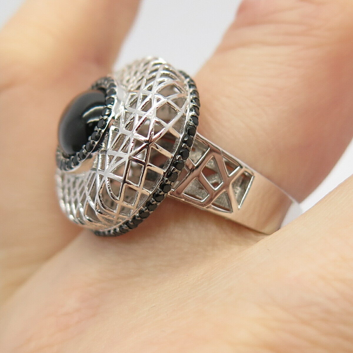 925 Sterling Silver Real Black Onyx & Melanite Gemstone Cage Ring Size 7