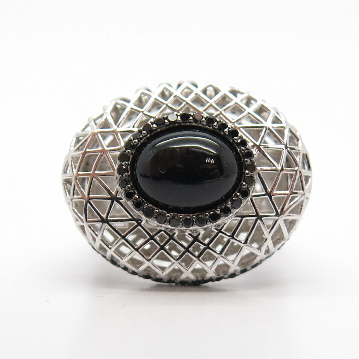 925 Sterling Silver Real Black Onyx & Melanite Gemstone Cage Ring Size 7