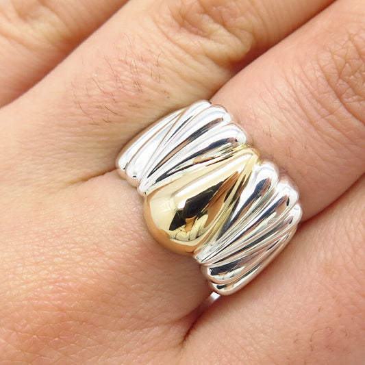 925 Sterling Silver / 14K Gold Vintage Ribbed Wide Ring Size 6.75