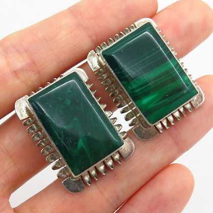 925 Sterling Silver Vintage Mexico Real Malachite Gem Large Clip On Earrings