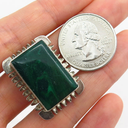 925 Sterling Silver Vintage Mexico Real Malachite Gem Large Clip On Earrings