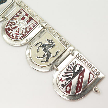 835 Silver Vintage Enamel Cities of Germany Panel Link Bracelet 6 3/4"