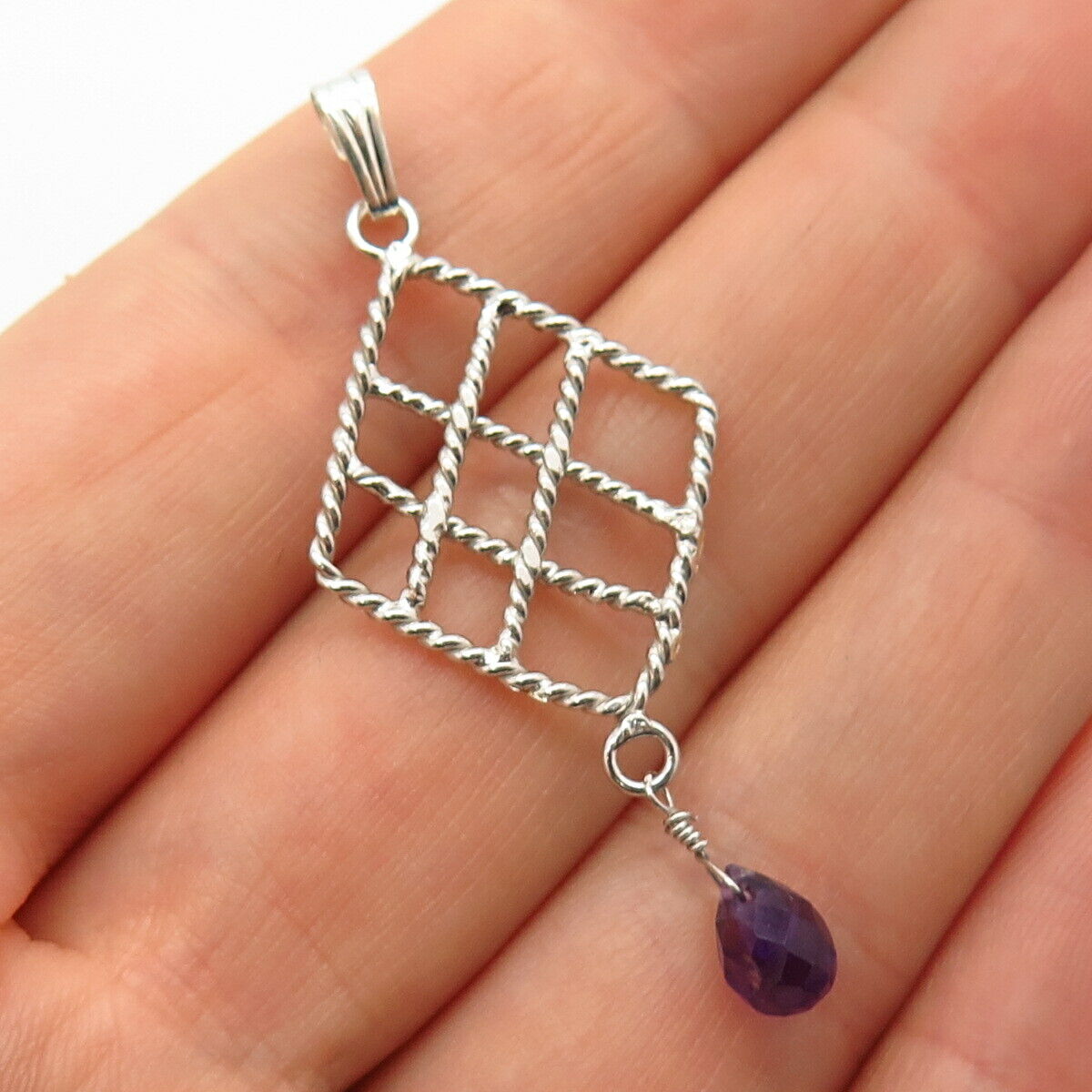 925 Sterling Silver Real  Amethyst Gem Grid Design Pendant