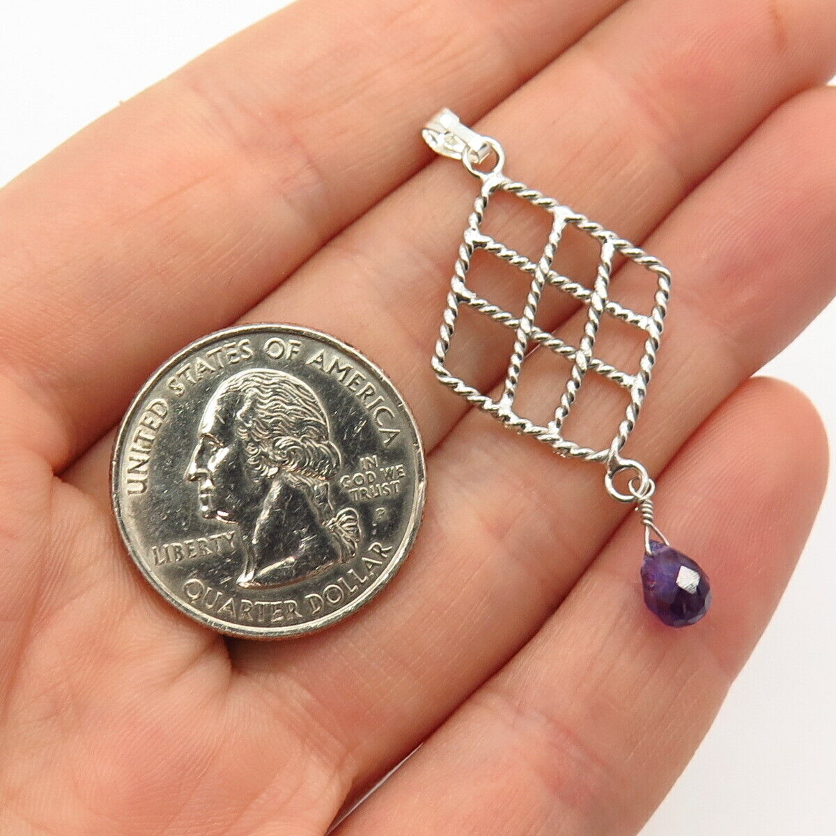 925 Sterling Silver Real  Amethyst Gem Grid Design Pendant