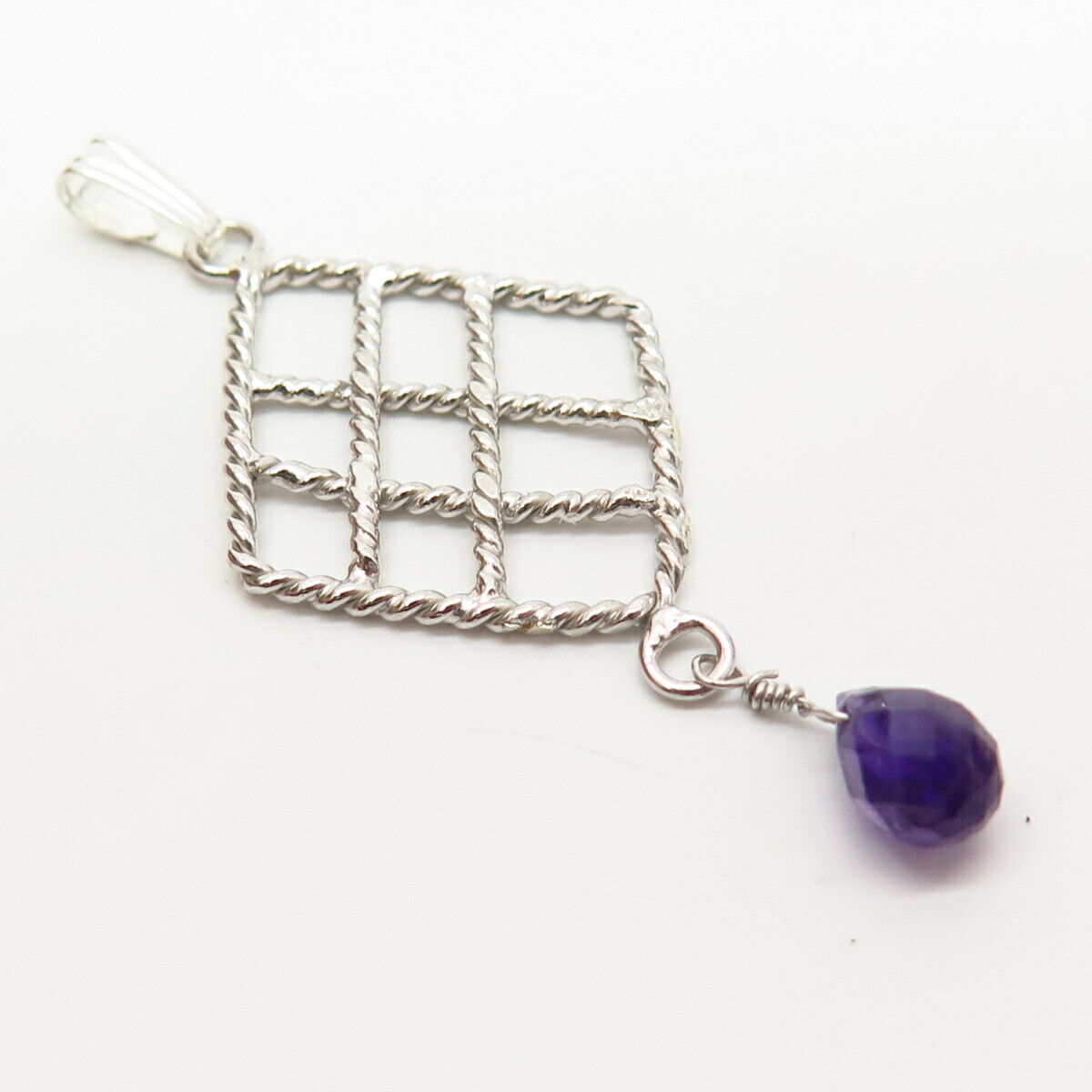 925 Sterling Silver Real  Amethyst Gem Grid Design Pendant