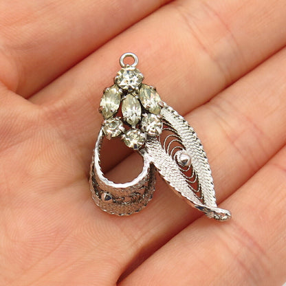 925 Sterling Silver  Vintage Am Lee Rhinestone Floral Design Filigree Pendant