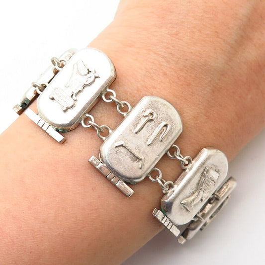 800 Silver Vintage Egyptian Theme Storyteller Panel Link Bracelet 7 1/4"