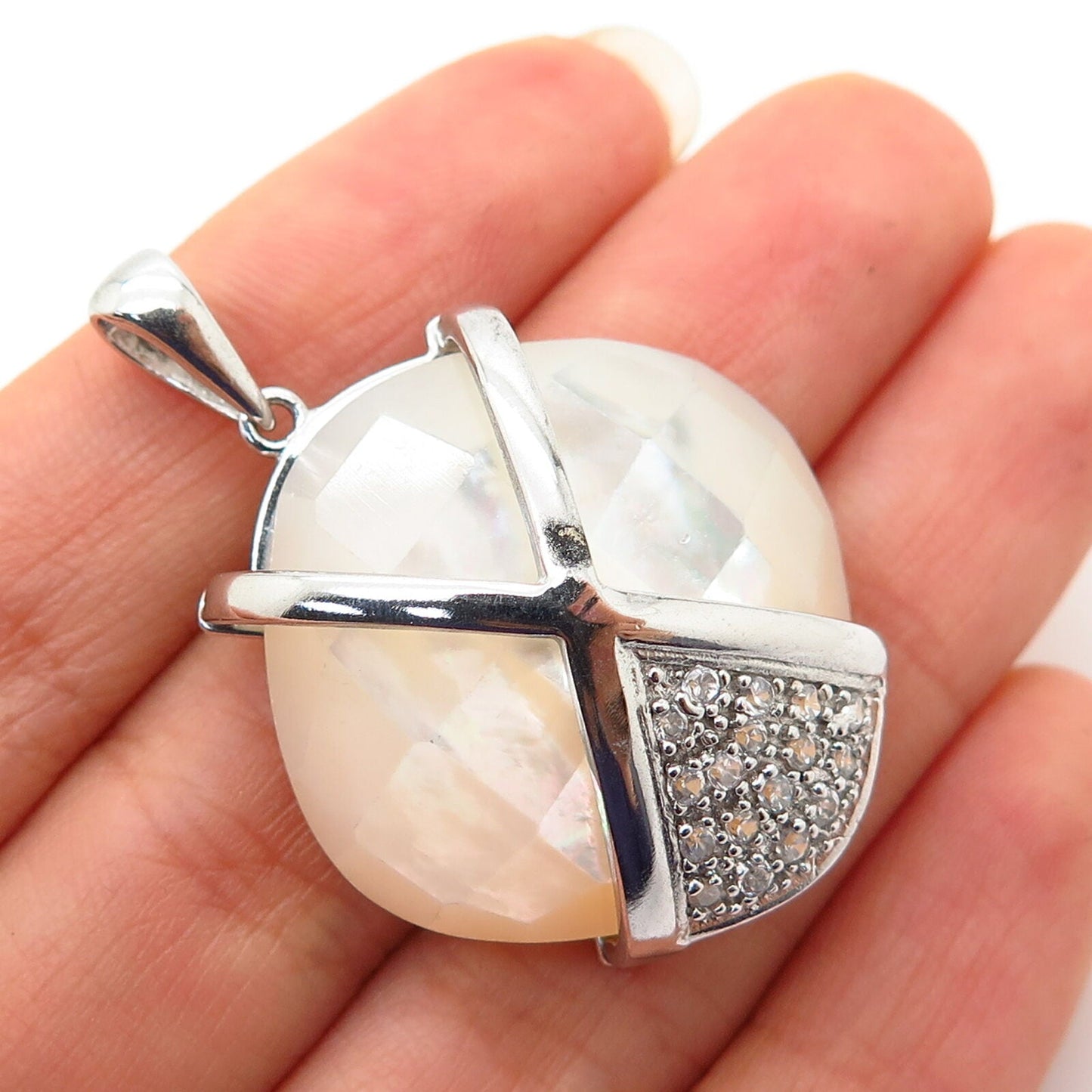 925 Sterling Silver Real Mother-Of-Pearl & C Z Pendant