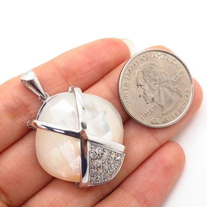 925 Sterling Silver Real Mother-Of-Pearl & C Z Pendant