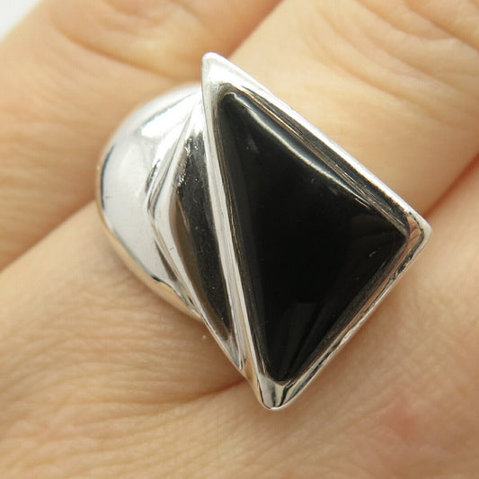 925 Sterling Silver Vintage Real Black Onyx Gem Modernist Ring Size 6 3/4