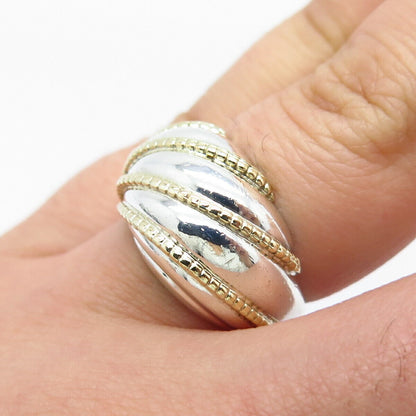 925 Sterling Silver / 14K Gold Vintage Ribbed Ring Size 5.5