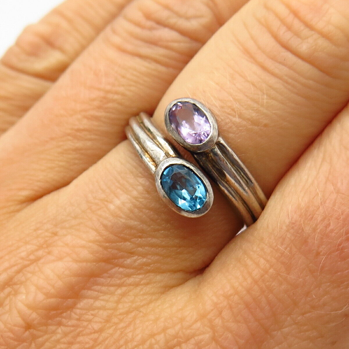 925 Sterling Silver Real Amethyst & Blue Topaz Gem Adjustable Bypass Ring