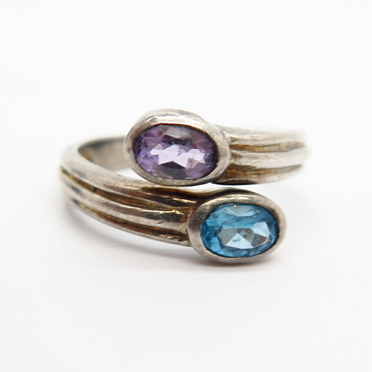 925 Sterling Silver Real Amethyst & Blue Topaz Gem Adjustable Bypass Ring