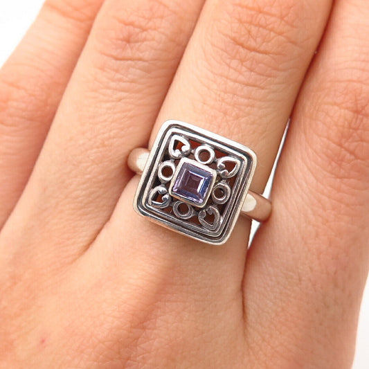 925 Sterling Silver Real Amethyst Gem Ornate Square Design Ring Size 7