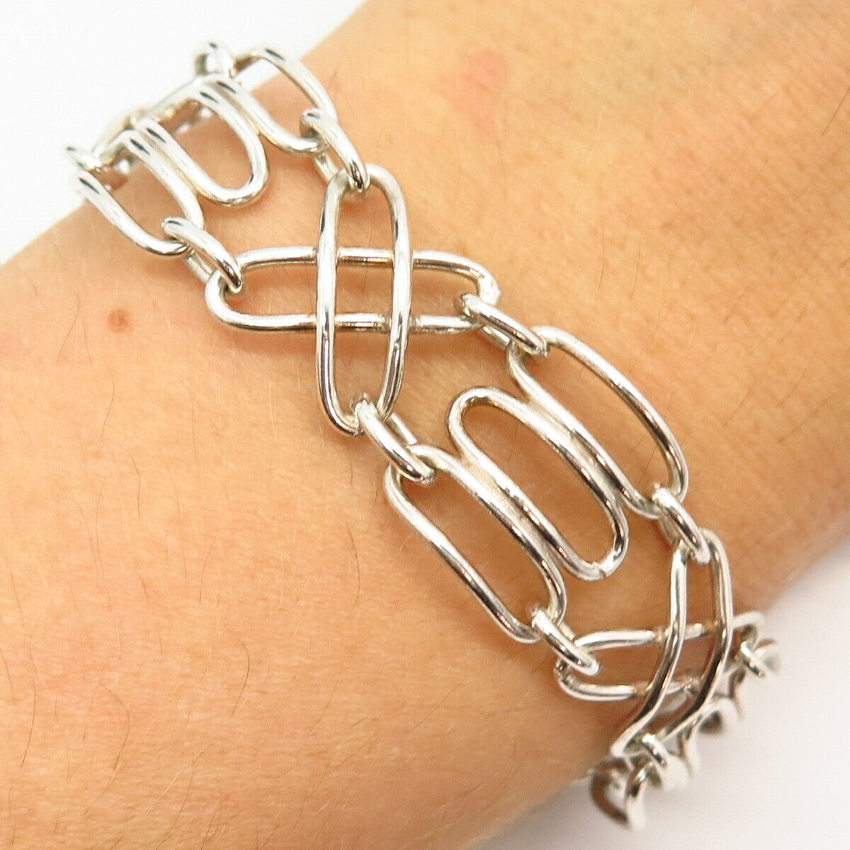 925 Sterling Silver "X" Design Wide Link Bracelet 7"