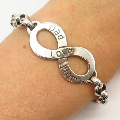 925 Sterling Silver "Dad Love Mom" Infinity Design Rolo Link Bracelet 8 1/4"