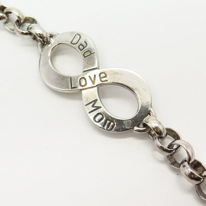 925 Sterling Silver "Dad Love Mom" Infinity Design Rolo Link Bracelet 8 1/4"