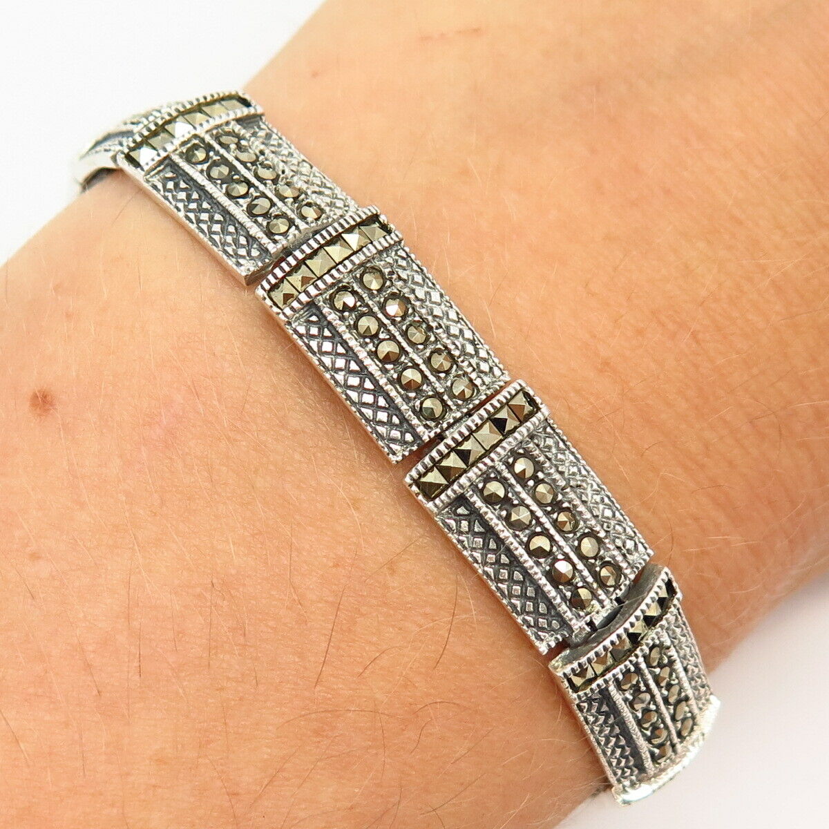 925 Sterling Silver Real Marcasite Gemstone Link Bracelet 7"