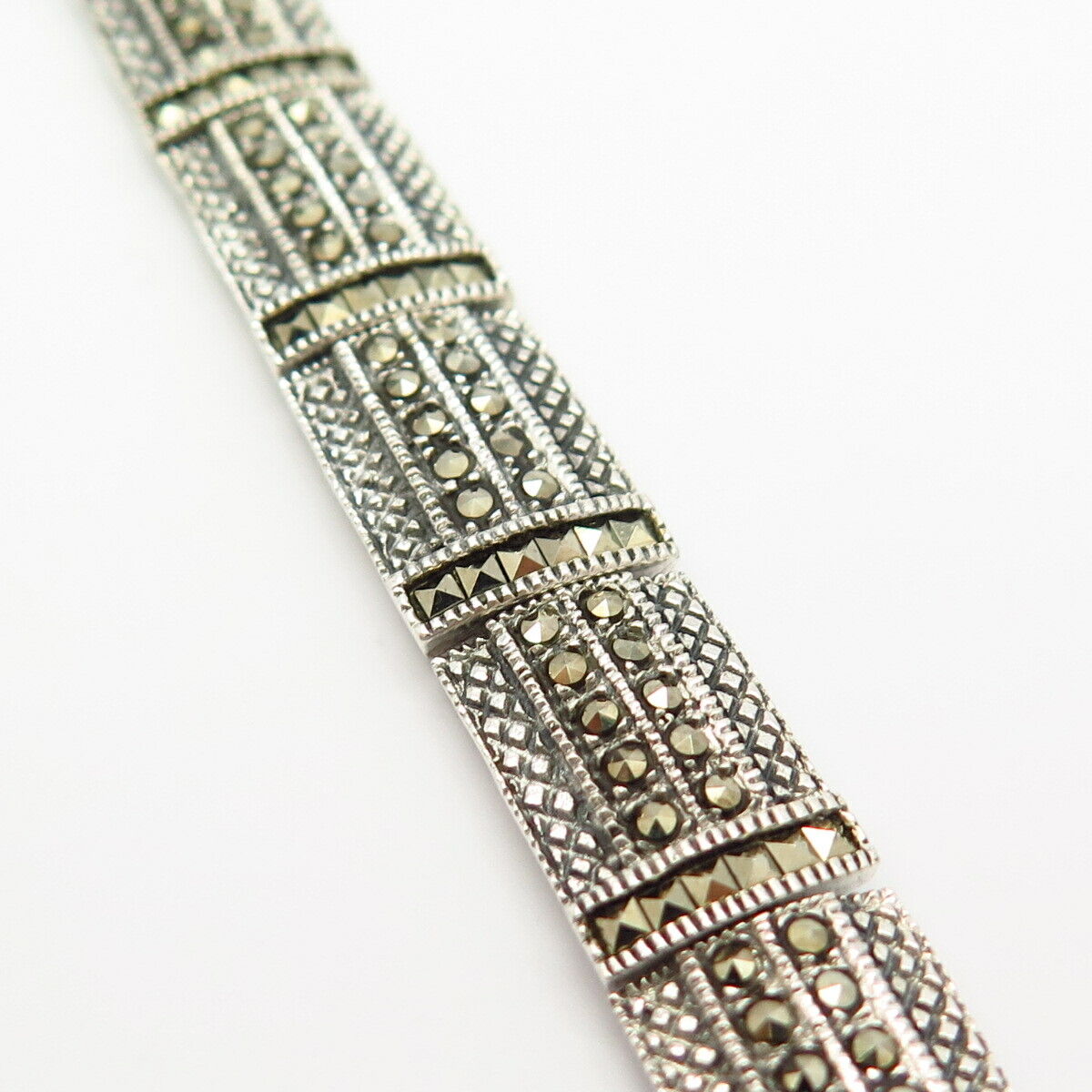 925 Sterling Silver Real Marcasite Gemstone Link Bracelet 7"