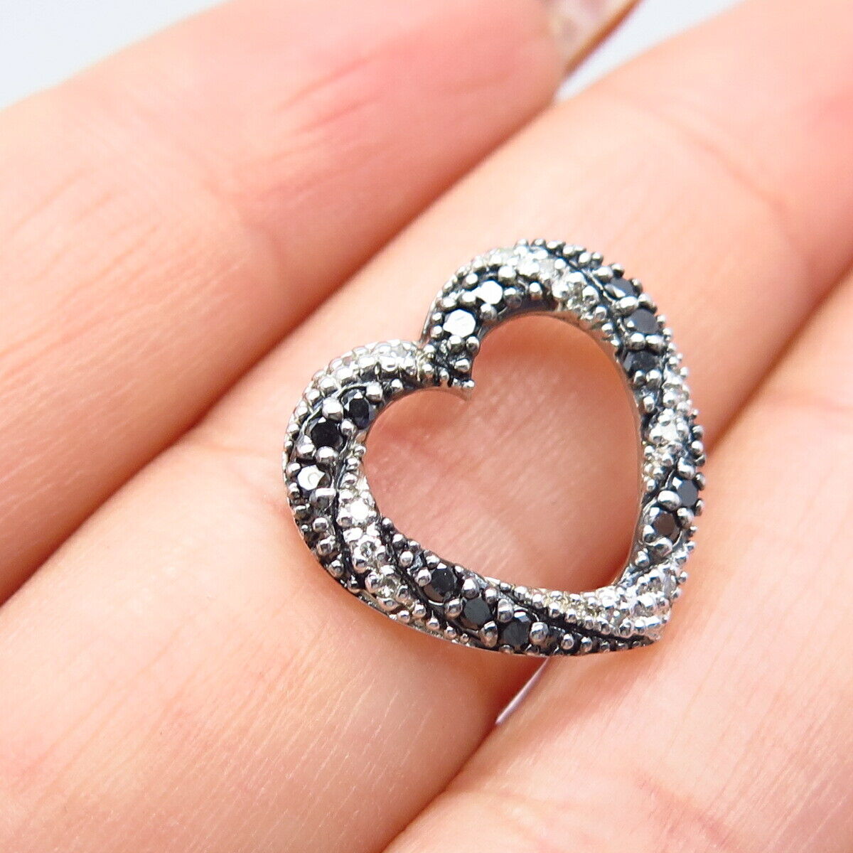 925 Sterling Silver Real White & Black Diamond Open Heart Slide Pendant