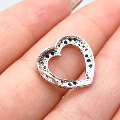 925 Sterling Silver Real White & Black Diamond Open Heart Slide Pendant