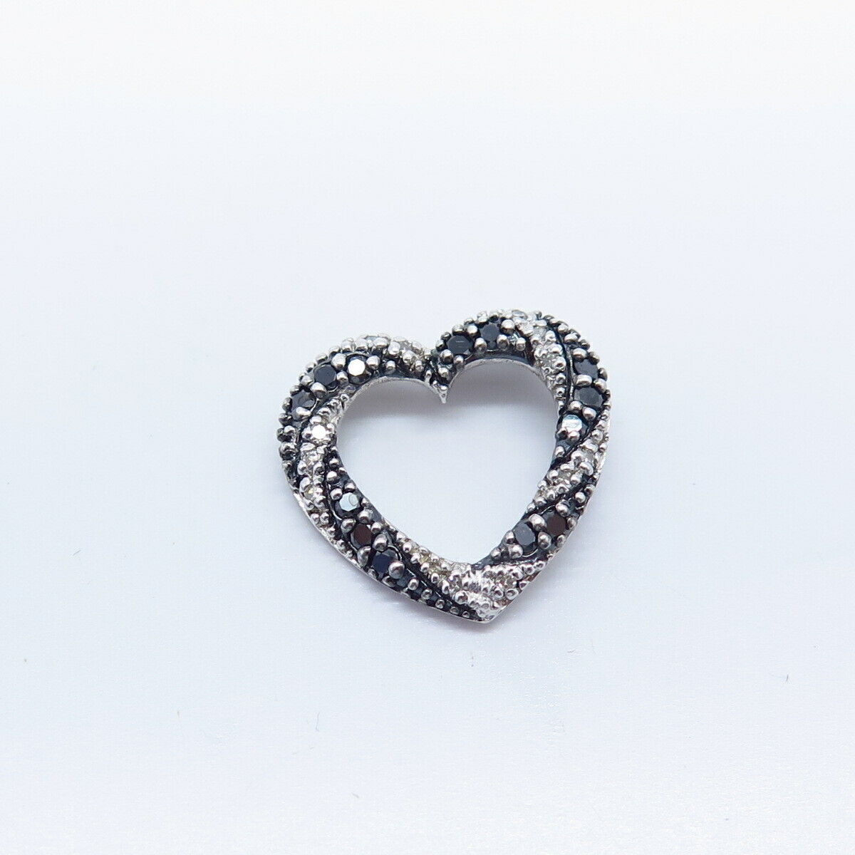 925 Sterling Silver Real White & Black Diamond Open Heart Slide Pendant