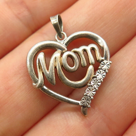 925 Sterling Silver Real Diamond "Mom" Heart Design Pendant