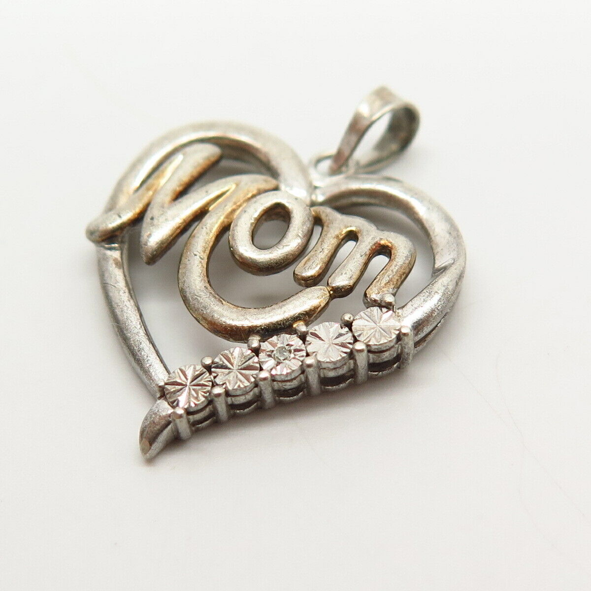 925 Sterling Silver Real Diamond "Mom" Heart Design Pendant