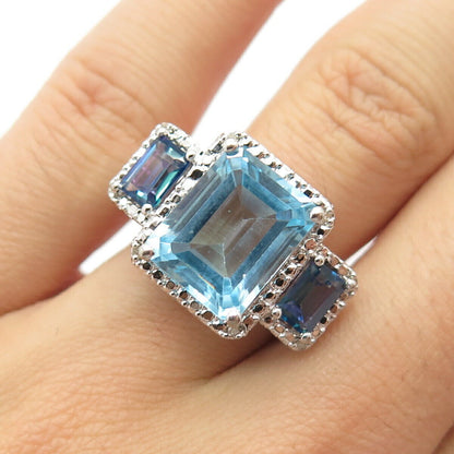 925 Sterling Silver Real Diamond & Blue Topaz Gemstone Ring Size 6 3/4