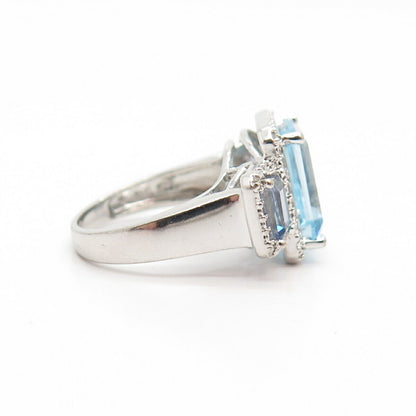 925 Sterling Silver Real Diamond & Blue Topaz Gemstone Ring Size 6 3/4