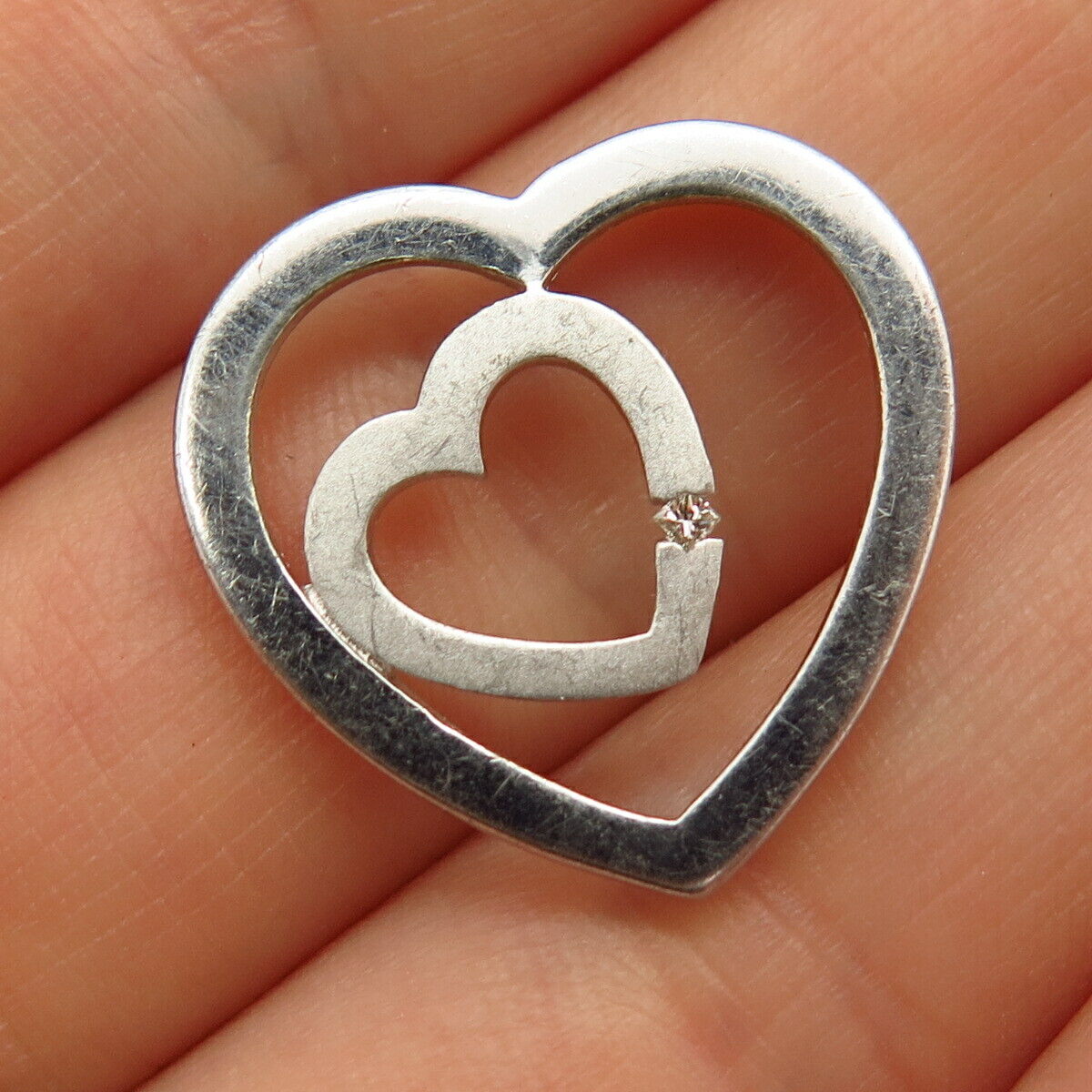 925 Sterling Silver Real Diamond Accent Double Heart Design Slide Pendant