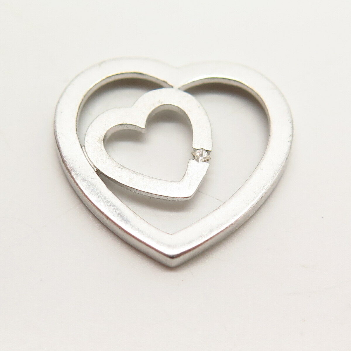 925 Sterling Silver Real Diamond Accent Double Heart Design Slide Pendant