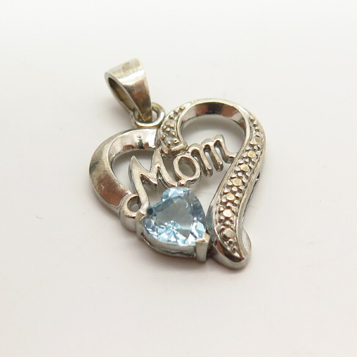 925 Sterling Silver Real Diamond Accent & Blue Topaz Gem "Mom" Open Heart Pendan