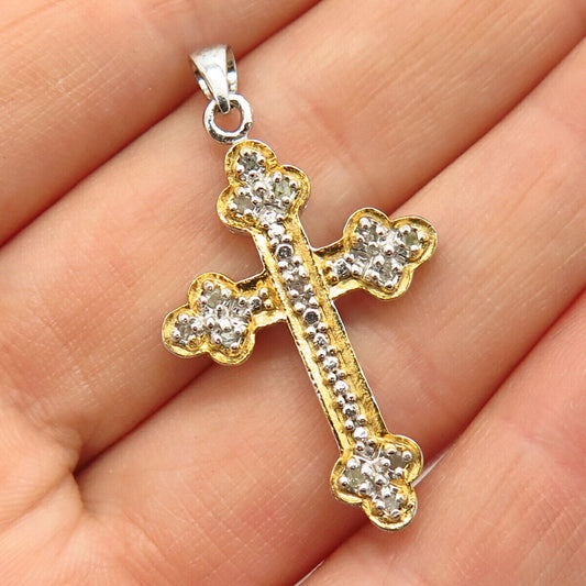 925 Sterling Silver 2-Tone Real Diamond Cross Pendant