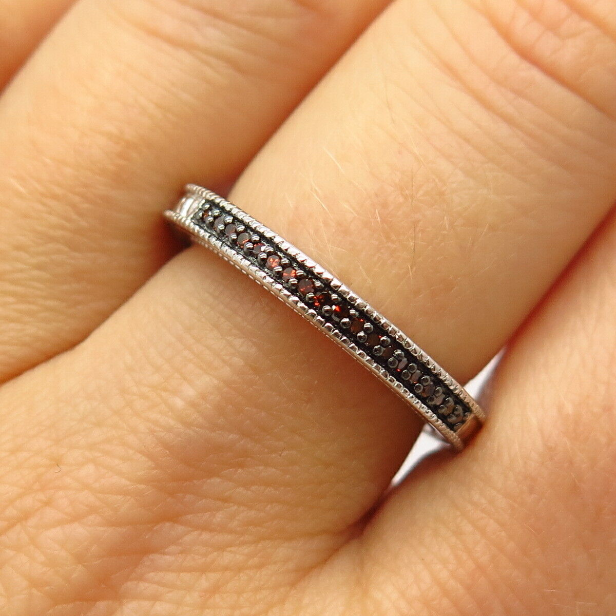 925 Sterling Silver Real Brown Diamond Stackable Thin Ring Size 8