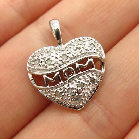 925 Sterling Silver Real Diamond "Mom" Heart Design Slide Pendant