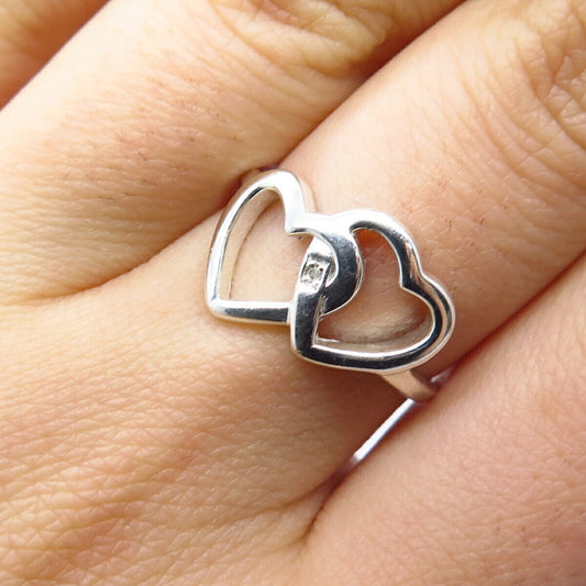 925 Sterling Silver Real Diamond Accent Couple of Heart Ring Size 7.25