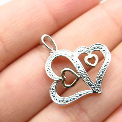 925 Sterling Silver 2-Tone Real Diamond Accent Couple of Heart Pendant