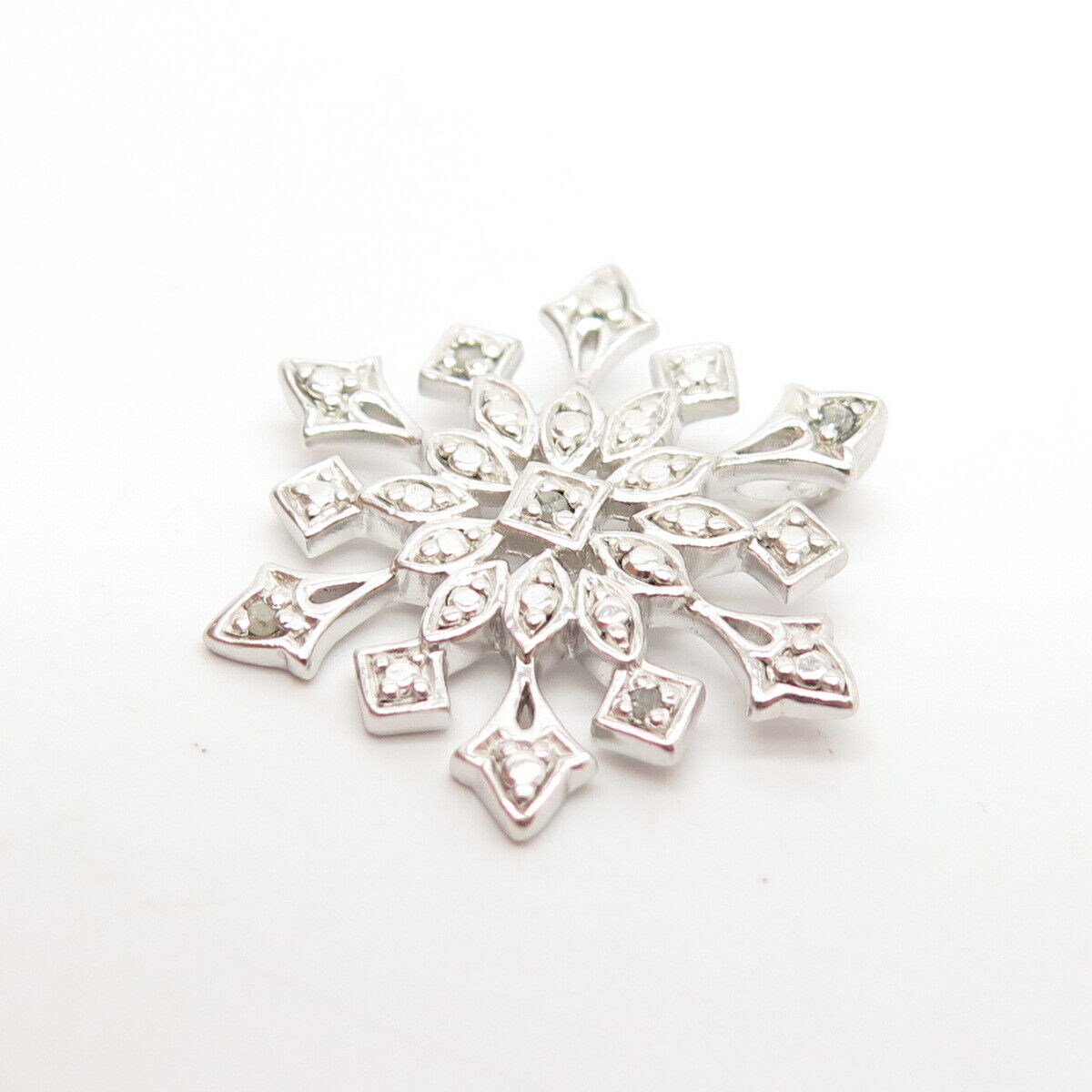 925 Sterling Silver Real Diamond Floral / Snowflake Slide Pendant