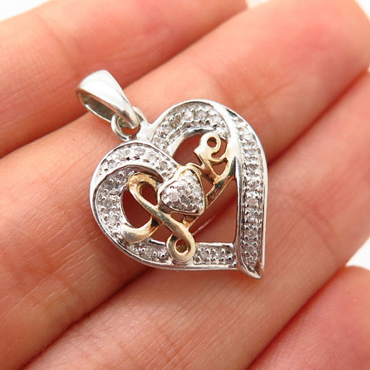 925 Sterling Silver 2-Tone Real Diamond "Love" Open Heart Design Pendant