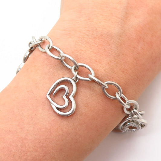 925 Sterling Silver Italy Real Diamond Heart Charm Link Bracelet 6 3/4"