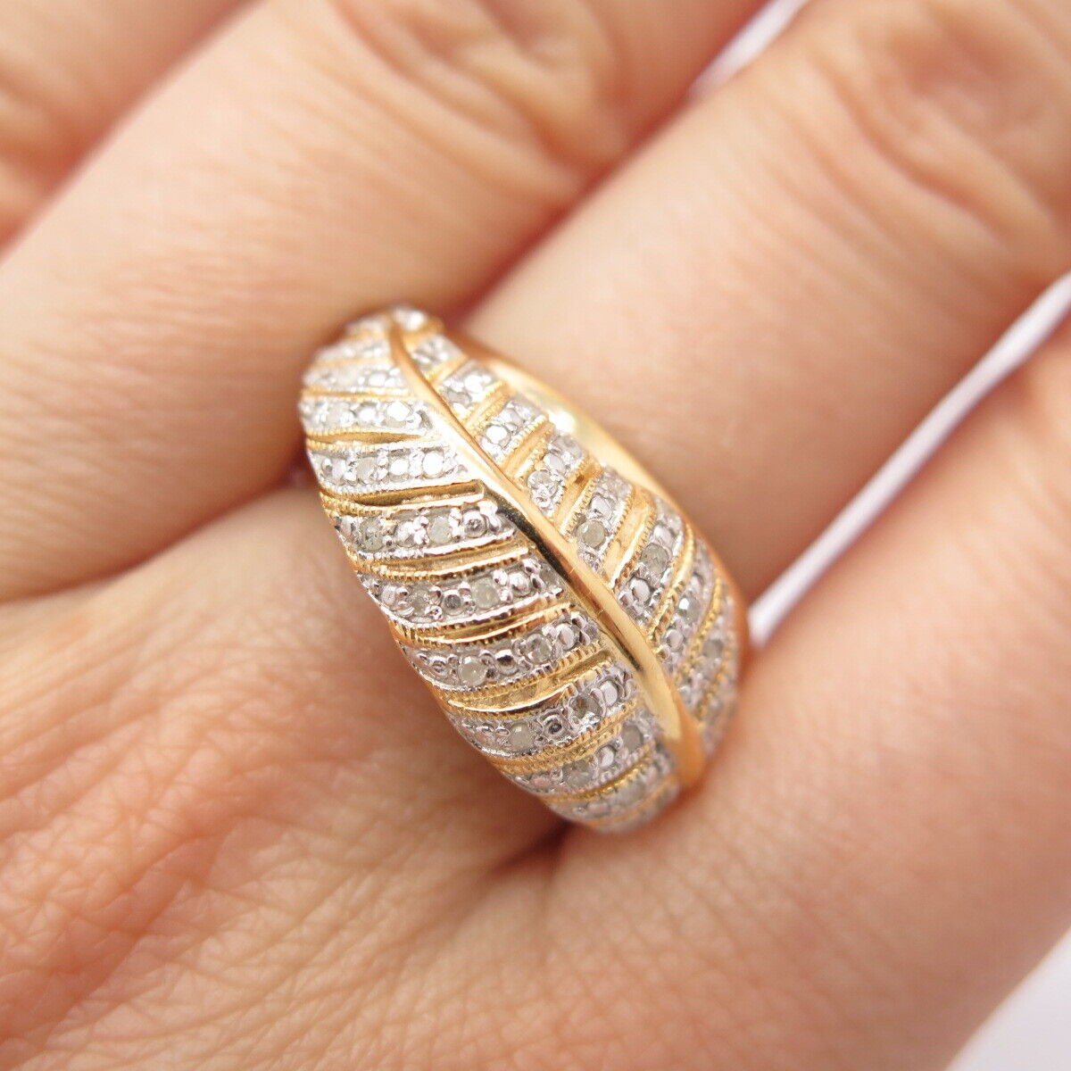 925 Sterling Silver Gold Plated Real White Diamond Leaf Ring Size 7.5