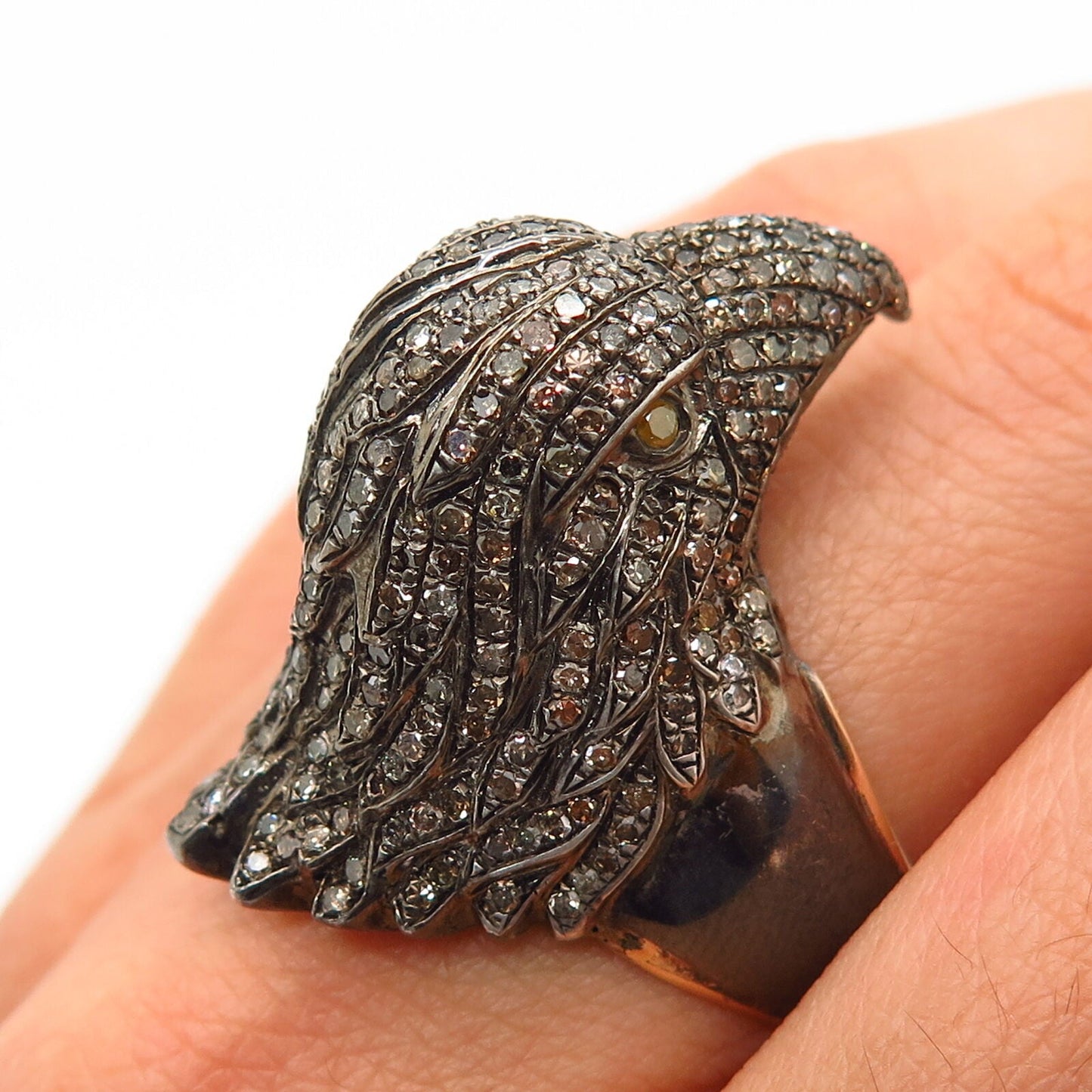 925 Sterling Rhodium Plated / 14K Real Diamond Eagle Design Ring Size 7 3/4