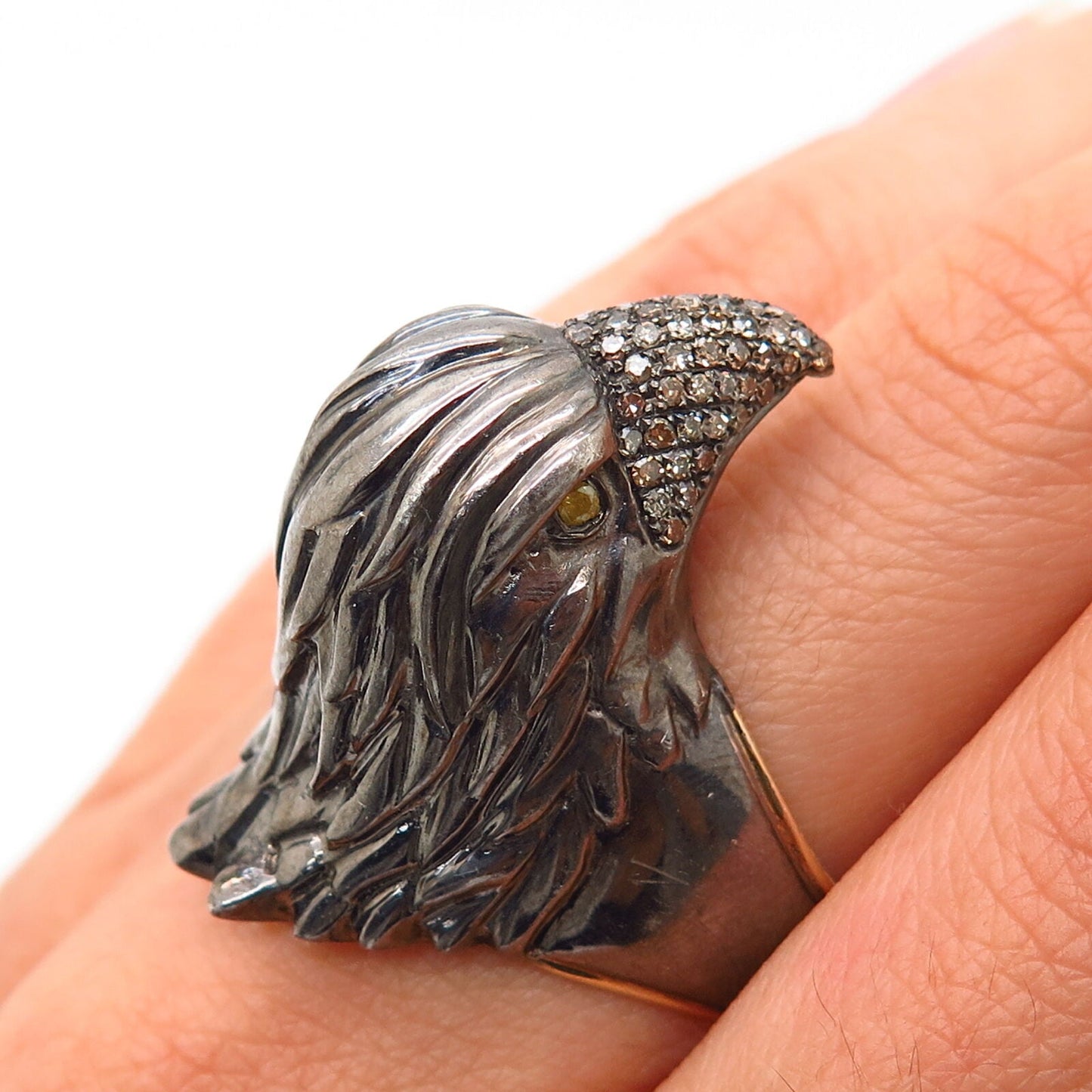 925 Sterling Rhodium Plated / 14K Real Diamond Eagle Design Ring Size 7 1/4