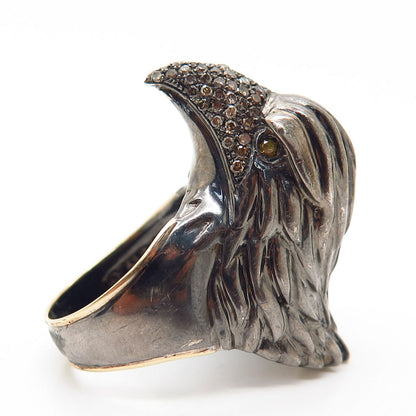 925 Sterling Rhodium Plated / 14K Real Diamond Eagle Design Ring Size 7 1/4