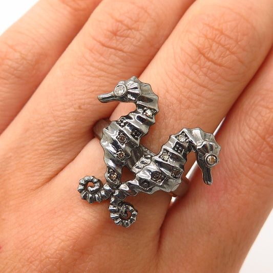 925 Sterling Silver / 14K Real Diamond Couple of Seahorse Design Ring Size 7 1/4